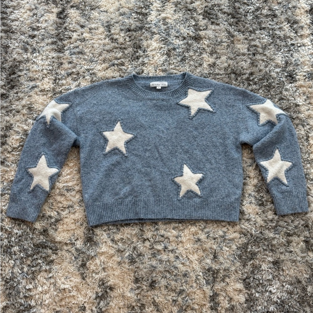 Threaded Leaf Women’s Star Sweater Size L Cozy Blue Crop Oversized Patriotic